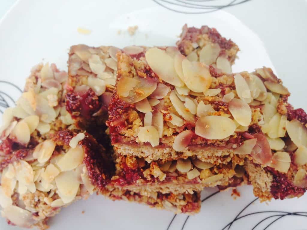 Breakfast peanut butter, crumble and strawberry chia jam bars
