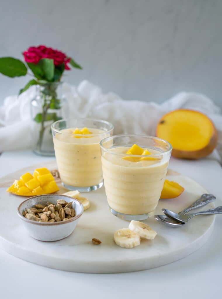 Mango Banana Lassi is very refreshing, soothing, cooling, thick and creamy breakfast recipe. You only need 5 ingredients and a blender to make this quick and delicious breakfast.