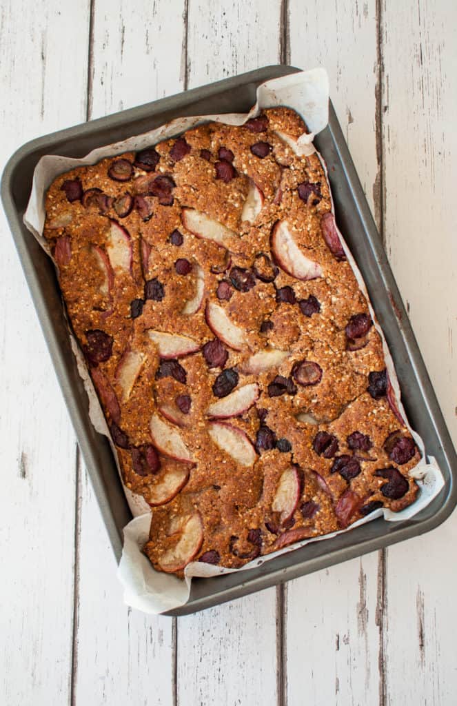 Clean eating peach and cherry bake recipe which has the word summer all over it! Simple and delicious. #dairyfree #vegan #cleaneating #vegetarian