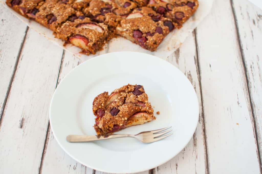 Clean eating peach and cherry bake recipe which has the word summer all over it! Simple and delicious. #dairyfree #vegan #cleaneating #vegetarian