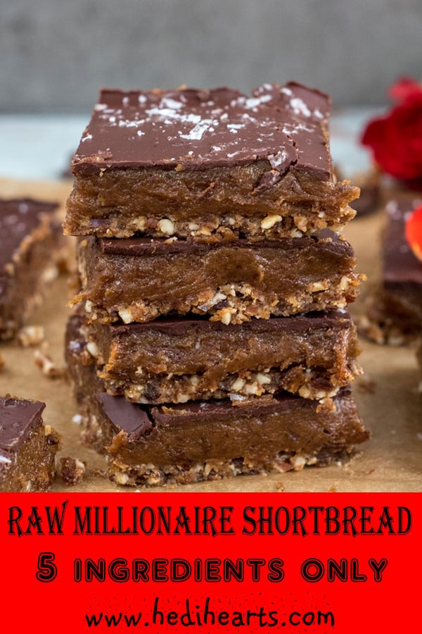 Clean, healthy raw millionaire shortbread recipe which is gluten-free, vegan and paleo-friendly made with 6 simple ingredients #vegan #glutenfree #dairyfree #rawtreats #millionaireshortbread #healthycakes #healthytreats