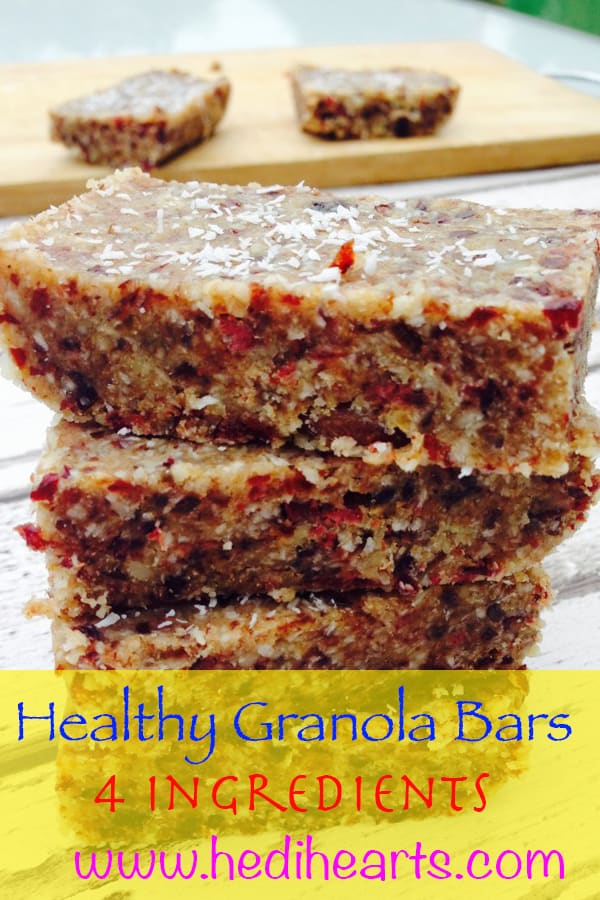 Simple and clean granola bars recipe made with four ingredients and a good blender/food processor. No baking, no fuss, no dairy, no gluten, no added sugar, just simple, wholesome ingredients. #vegan #vegetarian #healthygranola #dairyfree #easyrecipes