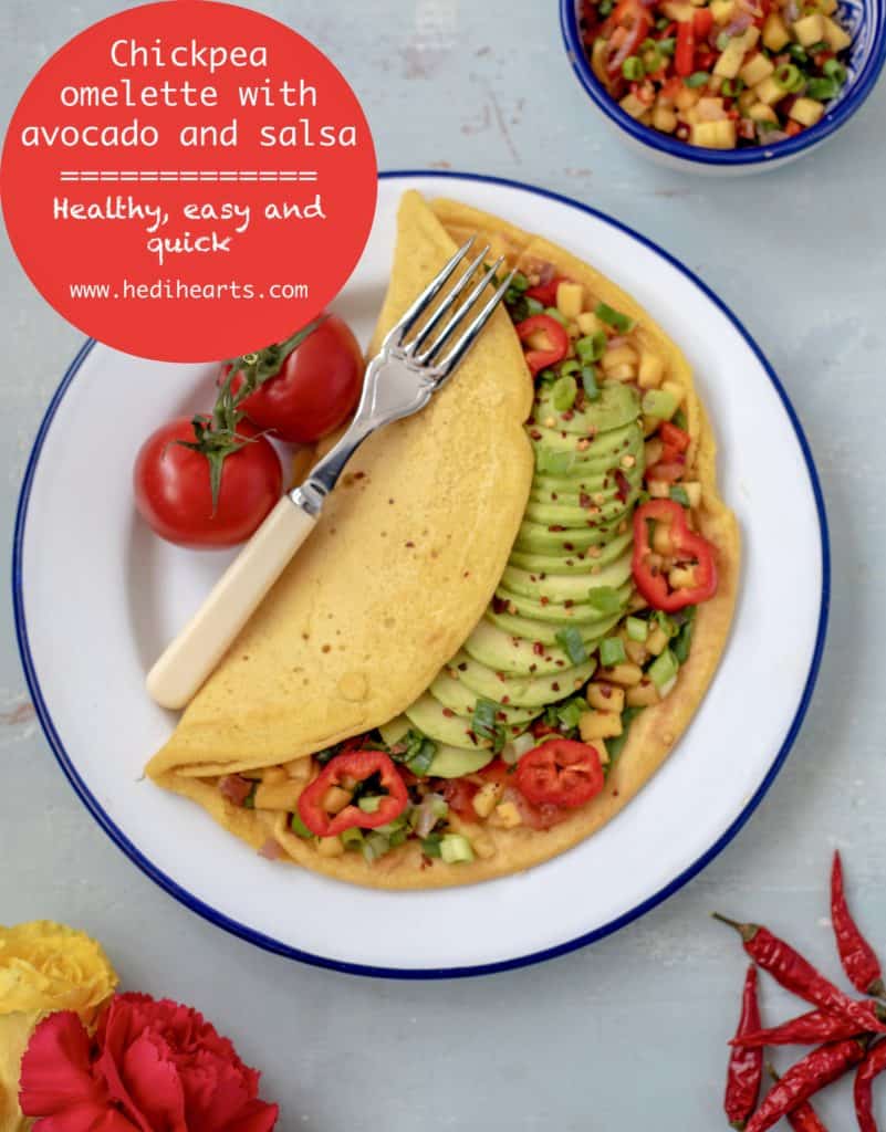 This delicious Chickpea Omelette with Avocado and Mango Salsa recipe omelette is a brilliant savoury breakfast idea, quick & light lunch or the perfect weekend brunch dish. It's vegan, gluten, nut and dairy free too! #veganrecipes #dairyfreerecipes #healthyfoods #wholefoods #fastfreshfood #glutenfreerecipes