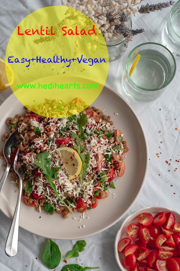 Healthy and easy lentil salad recipe with sweet cherry tomatoes, spinach, dairy free feta cheese all drizzled with a maple mustard dressing. Simply delicious!