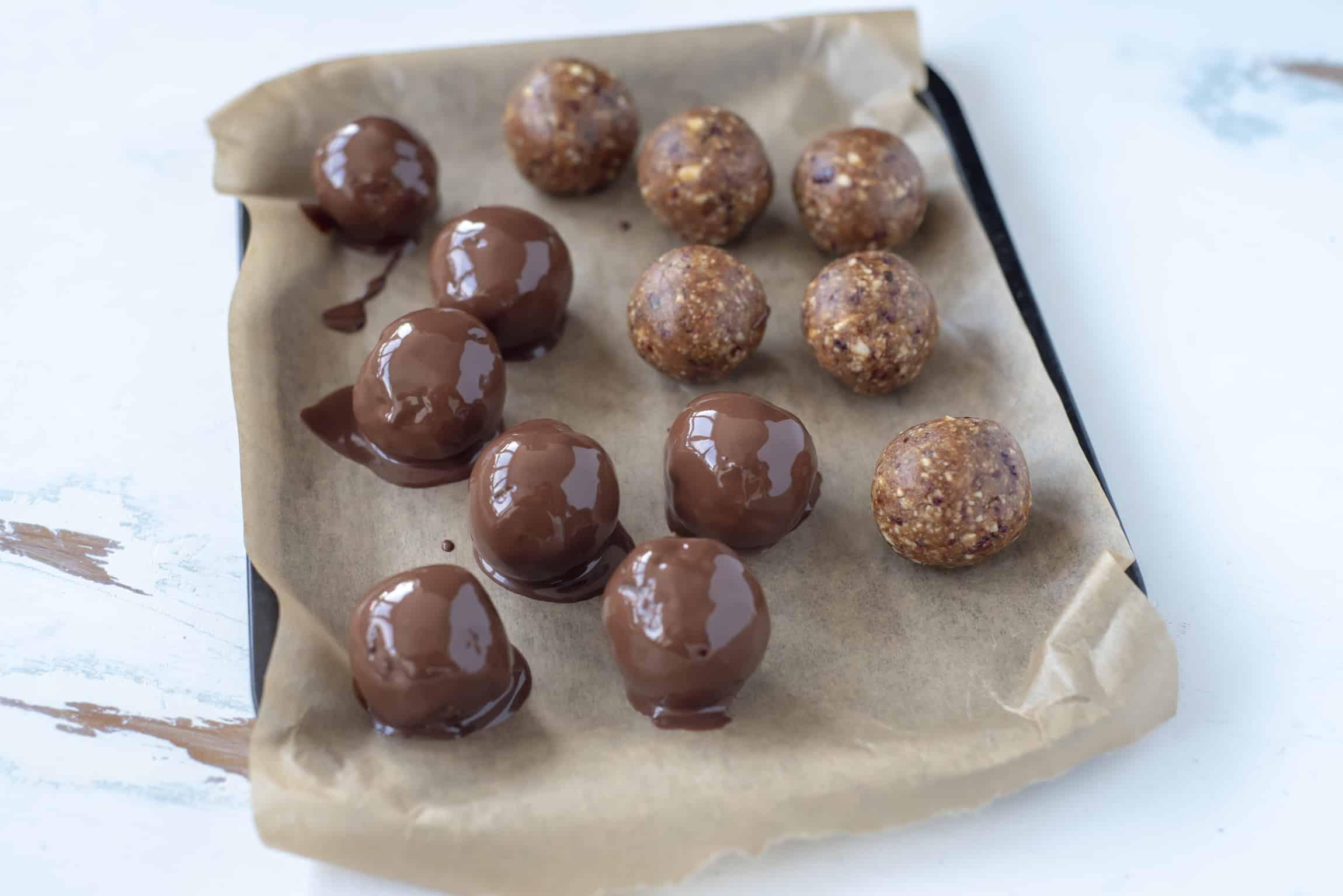 chocolate coated balls on a tray