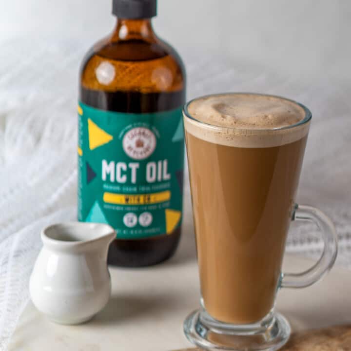 Dairy-Free Bulletproof coffee to kickstart your morning and keep your energised all day long. Easy, tasty with no gluten or added sugar. #Veganrecipes #coffee #mctoil #mctoilrecipes