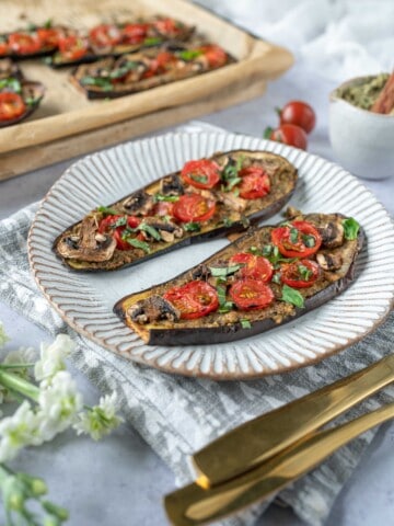 Aubergine Pizza with Pesto Hummus which is a wonderful mid week lunch or dinner that packs a lot of vegetables, flavours and different textures.
