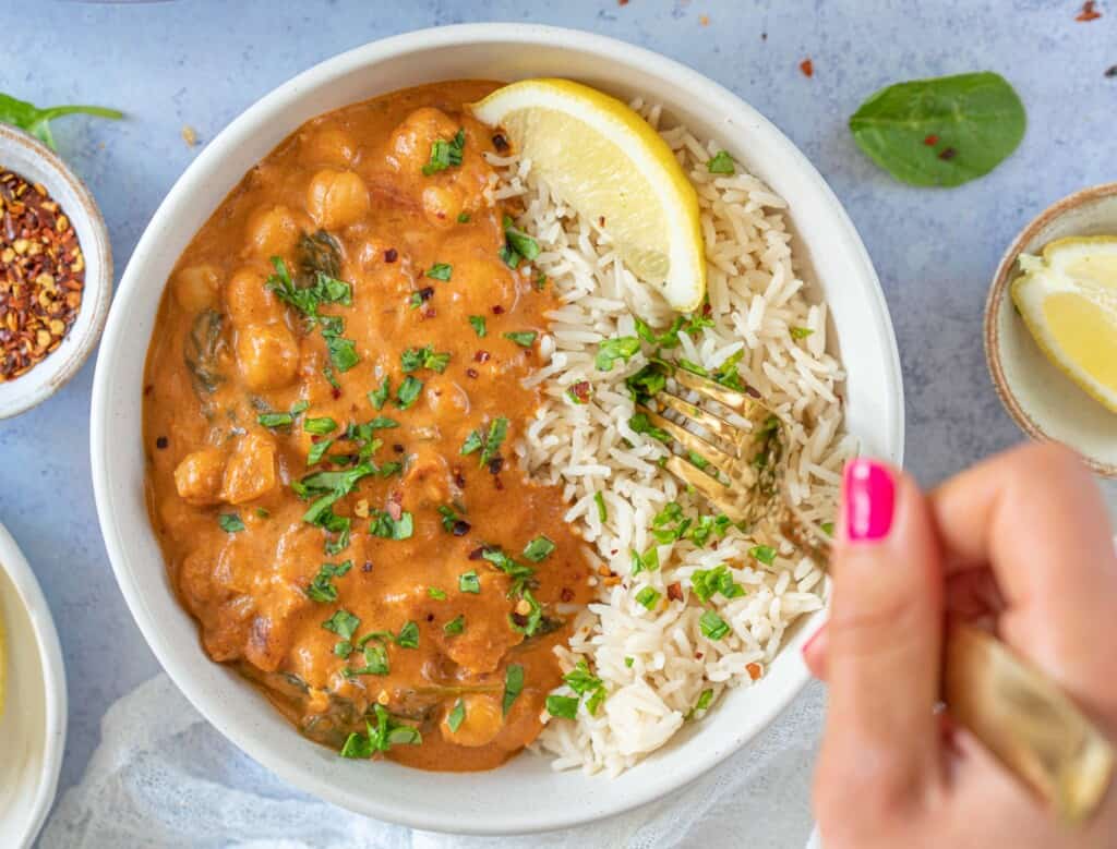 This easy chickpea curry recipe is so delicious and simple to make. It is hard to believe that in only 10 minutes you can have homemade chickpea curry on the table and ready to eat!