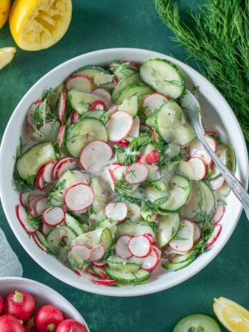 This cucumber radish salad is easy, delicious and takes 10 minutes to make plus it's the perfect way to showcase the season's best produce. It's completely plant-based and gluten-free too.