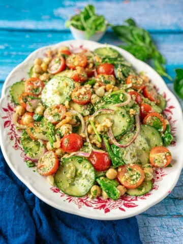 This healthy, easy Chickpea Cucumber Salad with Rocket Pesto is fantastic for lunch, dinner, as a side dish or for barbecues, picnics, and lunchboxes. It’s vegan, gluten free, and ready in just 15 minutes!